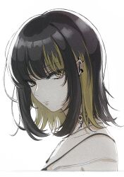 Rule 34 | 1girl, bags under eyes, black hair, blonde hair, cropped torso, ear piercing, expressionless, highres, idolmaster, idolmaster shiny colors, ikaruga luca, looking at viewer, looking to the side, multicolored hair, nao (rddy7288), piercing, portrait, simple background, solo, strap slip, streaked hair, two-tone hair, white background