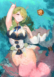 Rule 34 | 1girl, absurdres, arm up, armpits, blue bow, blue bowtie, blue shirt, bow, bowtie, braid, braided bangs, breasts, ceres fauna, cleavage, corset, detached collar, fins, fish tail, green eyes, green hair, hair branch, highres, hololive, hololive english, large breasts, long hair, looking at viewer, lying, mermaid, mochiyuki (gigfor1), mole, mole under eye, monster girl, on back, parted bangs, shirt, smile, solo, tail, virtual youtuber, water