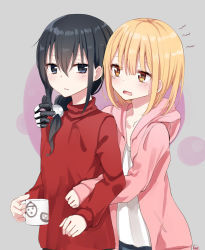 Rule 34 | 2girls, black eyes, black hair, blonde hair, brown eyes, commentary request, cup, drinking glass, frown, hair beads, hair ornament, highres, holding, holding cup, hood, hoodie, long hair, mechanical arms, medium hair, multiple girls, open mouth, original, piripun, signature, single mechanical arm, yuri