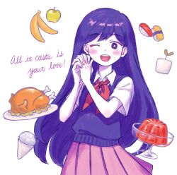 1girl apple banana collared_shirt colored_skin food fruit gelatin highres long_hair mari_(headspace)_(omori) mari_(omori) neckerchief omori one_eye_closed own_hands_clasped own_hands_together pleated_skirt purple_eyes purple_hair red_neckerchief red_skirt renshu_usodayo shirt short_sleeves simple_background skirt solo tofu turkey_(food) white_background white_shirt white_skin