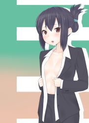 Rule 34 | 00s, 1girl, bad id, bad pixiv id, black hair, blush, breasts, brown eyes, derivative work, folded ponytail, highres, jacket, k-on!, libre, looking at viewer, nakano azusa, no bra, open clothes, open shirt, parted lips, shirt, short hair, small breasts, solo, standing, suit jacket