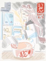 Rule 34 | 1girl, animal ears, bad id, bad twitter id, brooch, brown hair, cup ramen, donbee (food), donbei kitsune udon, dress, food, gensoukoumuten, highres, imaizumi kagerou, instant udon, jewelry, long sleeves, nissin donbei, noodles, refrigerator, tail, touhou, udon, wide sleeves, wolf ears, wolf tail