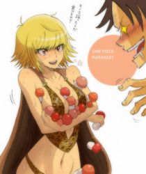 Rule 34 | + +, 1boy, 1girl, amazon warrior, animal print, between breasts, black hair, blonde hair, breasts, breath, cape, character name, cleavage, copyright name, drooling, groin, highres, large breasts, leopard print, marguerite (one piece), monkey d. luffy, mushroom, navel, one piece, open mouth, plus step, profile, red eyes, short hair, sweat, translated