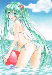 Rule 34 | 1girl, :d, ball, beachball, bikini, blue sky, breasts, cloud, cowboy shot, day, floating hair, flower, from behind, fujiwara minaho, green eyes, green hair, green ribbon, hair between eyes, hair flower, hair ornament, hair ribbon, halterneck, hatsune miku, holding, holding ball, leaning forward, long hair, marker (medium), ocean, open mouth, orange ribbon, outdoors, pink flower, ribbon, side-tie bikini bottom, sideboob, sky, small breasts, smile, solo, standing, striped bikini, striped clothes, swimsuit, traditional media, twintails, very long hair, vocaloid, wading, watermark