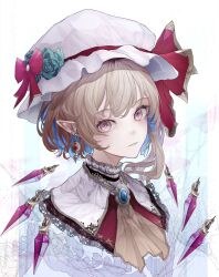 Rule 34 | 1girl, absurdres, ascot, blonde hair, blush, brooch, commentary, crystal, earrings, english commentary, fasuka, flandre scarlet, hat, highres, jewelry, long hair, looking at viewer, mob cap, one side up, open mouth, pointy ears, portrait, red eyes, solo, touhou, white hat, yellow ascot