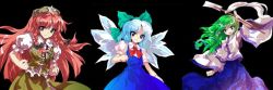 Rule 34 | 3girls, alphes, blue dress, blue eyes, blue hair, braid, cirno, detached sleeves, dress, frog hair ornament, gohei, green hair, hair ornament, hat, hong meiling, ice, ice wings, jpeg artifacts, kochiya sanae, long hair, long sleeves, looking at viewer, multiple girls, nontraditional miko, official art, oonusa, outstretched arm, red hair, ribbon, touhou, touhou hisoutensoku, twin braids, very long hair, wings
