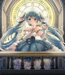 Rule 34 | 1girl, animal, beamed eighth notes, blue eyes, blue flower, blue rose, blue skirt, blue sleeves, blush, bow, breasts, rabbit, clock, clock tower, commentary request, eighth note, flower, green hair, hatsune miku, holding, holding flower, layered sleeves, long hair, long sleeves, looking at viewer, musical note, parted lips, puffy short sleeves, puffy sleeves, railing, roman numeral, rose, shirt, short over long sleeves, short sleeves, skirt, small breasts, snowflakes, striped, striped sleeves, tiara, tower, twintails, very long hair, vocaloid, white bow, white shirt, white sleeves, yuki miku, yukine (vocaloid), yuuka nonoko