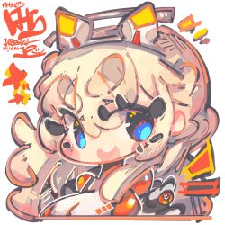 Rule 34 | 1girl, :d, absurdres, blonde hair, blue eyes, blush stickers, bodysuit, breasts, chibi, dated, goddess of victory: nikke, grey jacket, hair between eyes, headgear, highres, jacket, jrpencil, large breasts, long hair, multicolored clothes, multicolored jacket, open mouth, orange bodysuit, sidelocks, signature, smile, solo, tove (nikke), two-tone jacket, white jacket