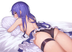 Rule 34 | 1girl, absurdres, ass, bare arms, bed, bed sheet, black panties, blue hair, blue skirt, blush, breasts, cowboy shot, cushion, frills, from behind, highres, hinanawi tenshi, ibuki notsu, long hair, looking at viewer, looking back, lying, nipples, hugging object, on bed, on stomach, original, panties, red eyes, shoulder blades, sideboob, simple background, skindentation, skirt, small breasts, solo, thigh strap, thighs, topless, touhou, underwear
