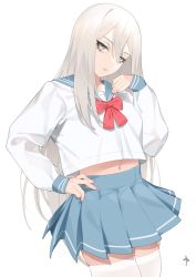 Rule 34 | 1girl, blue skirt, bow, bowtie, closed mouth, commentary, cowboy shot, eyelashes, grey eyes, grey hair, hair between eyes, hand on own hip, hand up, highres, hyouuma, legs together, long hair, looking at viewer, midriff, midriff peek, navel, pleated skirt, red bow, sailor collar, school uniform, serafuku, signature, simple background, skin tight, skirt, solo, standing, thighhighs, thighs, very long hair, white background, white theme, white thighhighs, zettai ryouiki