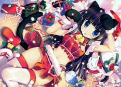 Rule 34 | 1girl, animal ears, animal hands, breasts, cat ears, cat paws, cat tail, christmas, cleavage, fujima takuya, gift, gloves, hat, highres, midriff, no panties, paw gloves, pussy juice, pussy juice trail, santa hat, solo, tail, thighhighs, wet