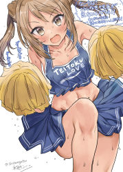 Rule 34 | 1girl, artist name, blue skirt, blush, brown eyes, cheering, cheerleader, clothes writing, collarbone, double bun, groin, hair bun, heart, highres, holding, holding pom poms, kantai collection, light brown hair, michishio (kancolle), mizuta kenji, navel, open mouth, pleated skirt, pom pom (cheerleading), pom poms, short hair, signature, simple background, skirt, solo, speech bubble, translation request, twitter username, two side up, white background
