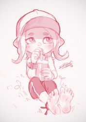 Rule 34 | 10s, 1girl, 2019, anklet, barefoot, baseball cap, blush, bracelet, cup, drinking, drinking straw, grass, hat, idfer, jewelry, long hair, looking to the side, monochrome, nintendo, octoling, octoling girl, octoling player character, octopus girl, pants, pointy ears, shirt, sitting, splatoon (series), tank top, tentacle hair, tentacles, watch, wristwatch