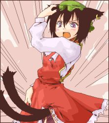 Rule 34 | 1girl, animal ears, bad id, bad pixiv id, between legs, cat ears, cat girl, cat tail, chen, china dress, chinese clothes, dress, earrings, fang, female focus, hat, jewelry, lowres, multiple tails, oekaki, pink background, red dress, ribbon, seki (red shine), solo, tail, tail between legs, touhou