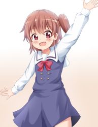 Rule 34 | 1girl, :d, arm up, blue dress, blush, bow, brown background, brown hair, commentary request, dress, gradient background, hair between eyes, highres, hoshino hinata, koyuki (azumaya999), long sleeves, looking at viewer, one side up, open mouth, outstretched arm, pinafore dress, red bow, red eyes, sailor collar, sailor dress, school uniform, shirt, sleeveless, sleeveless dress, smile, solo, watashi ni tenshi ga maiorita!, white background, white sailor collar, white shirt