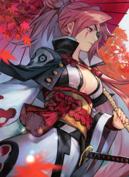 Rule 34 | 1girl, arc system works, baiken, breasts, cleavage, closed mouth, eyepatch, facial mark, forehead mark, guilty gear, guilty gear xrd, holding, holding umbrella, hungry clicker, jacket, jacket on shoulders, japanese clothes, katana, kimono, large breasts, long hair, long sleeves, pink hair, ponytail, scabbard, sheath, sheathed, simple background, solo, standing, sword, umbrella, weapon, white kimono, wide sleeves
