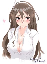 Rule 34 | 1girl, absurdres, ashigara (kancolle), breasts, brown eyes, brown hair, cleavage, collarbone, cropped torso, dated, dress shirt, hairband, highres, kantai collection, large breasts, long hair, looking at viewer, nitamako (sakamalh), one-hour drawing challenge, open clothes, open shirt, shirt, simple background, solo, twitter username, upper body, white background, white hairband
