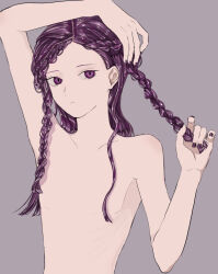 Rule 34 | 1other, amethyst (houseki no kuni), androgynous, arm above head, braid, closed mouth, collarbone, completely nude, french braid, grey hair, hairdressing, hand on own head, hands up, holding, holding hair, houseki no kuni, jade suitai, long hair, looking at viewer, multiple braids, nude, other focus, purple eyes, purple nails, simple background, solo, upper body