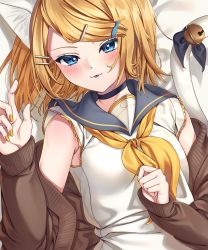 Rule 34 | 1girl, :3, :p, absurdres, animal ears, bare shoulders, bed sheet, bell, blonde hair, blue eyes, blush, breasts, cardigan, cat ears, cat girl, cat tail, choker, fish hair ornament, hair ornament, hairclip, highres, inu8neko, kagamine rin, kemonomimi mode, long sleeves, looking at viewer, lying, nail polish, neckerchief, off shoulder, on back, on bed, ribbon, sailor collar, shirt, short hair, sleeveless, sleeveless shirt, smile, solo, tail, tail bell, tail ornament, tail ribbon, tongue, tongue out, upper body, vocaloid, yellow nails, yellow neckerchief