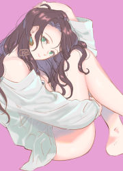 Rule 34 | 1girl, bare legs, barefoot, bottomless, brown hair, closed mouth, dorothea arnault, earrings, fire emblem, fire emblem: three houses, from side, green eyes, hand on own head, head tilt, highres, hugging own legs, jewelry, kh (tanakananataka), long hair, long sleeves, looking at viewer, naked shirt, nintendo, off shoulder, pink background, shirt, sitting, smile, solo, white shirt