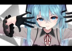Rule 34 | 1girl, absurdres, black gloves, blue eyes, blue hair, blurry, blurry background, blurry foreground, brown shirt, collared shirt, commentary request, depth of field, gloves, gradient hair, hair between eyes, hair ornament, half gloves, hatsune miku, headset, highres, hijouguti, letterboxed, long sleeves, lower teeth only, multicolored hair, neck ribbon, parted lips, purple hair, red ribbon, ribbon, shirt, solo, teeth, twintails, upper body, vocaloid