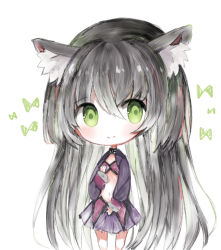 Rule 34 | 10s, 1girl, absurdly long hair, animal ear fluff, animal ears, bad id, bad pixiv id, black hair, blush, cat ears, chibi, closed mouth, commentary, cottontailtokki, full body, green eyes, hair between eyes, hand up, isekai maou to shoukan shoujo no dorei majutsu, long hair, long sleeves, looking at viewer, navel, pleated skirt, purple skirt, rem galleu, skirt, smile, solo, standing, very long hair