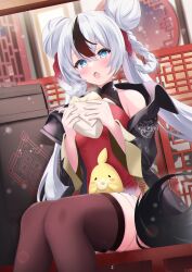 Rule 34 | 1girl, absurdres, architecture, azur lane, bare shoulders, black coat, black hair, blue eyes, breasts, brown thighhighs, china dress, chinese clothes, coat, double bun, dress, east asian architecture, eating, elegant (sumisumi4268), food, gradient hair, hair bun, highres, holding, holding food, l&#039;indomptable (azur lane), l&#039;indomptable (temp in low temperatures) (azur lane), long hair, manjuu (azur lane), multicolored hair, official alternate costume, open clothes, open coat, open mouth, red hair, sitting, small breasts, solo, streaked hair, thighhighs, very long hair, white hair