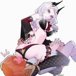 Rule 34 | 2girls, ass, bad id, bad twitter id, bikini, black nails, black thighhighs, blush, butt crack, carmilla (fate), carmilla (swimsuit rider) (fate), chaldea uniform, detached sleeves, faceless, faceless female, fate/grand order, fate (series), fingernails, fishnets, fujimaru ritsuka (female), full-face blush, hand on another&#039;s knee, hand on own hip, high heels, highres, horns, kyou (ningiou), long fingernails, looking at another, multiple girls, nail polish, one side up, orange hair, parted lips, scrunchie, sharp fingernails, silver hair, simple background, sitting, sitting on person, sweat, swimsuit, thighhighs, twisted torso, twitter username, white background, yuri