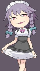 Rule 34 | 1girl, apron, black apron, blue bow, blush, bow, bowtie, braid, breasts, bright pupils, commentary request, curtsey, dress, feet out of frame, frilled apron, frilled dress, frills, grey background, grey hair, hair bow, half-closed eyes, highres, hospital king, izayoi sakuya, long hair, looking to the side, maid, maid headdress, medium bangs, medium breasts, open mouth, pink bow, pink bowtie, puffy short sleeves, puffy sleeves, red eyes, short sleeves, simple background, smile, smug, solo, touhou, twin braids, underbust, white dress, white pupils, yokohama sakuya, yukkuri shiteitte ne