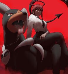 Rule 34 | 1girl, absurdres, arm support, belt, black necktie, black pants, breasts, chainsaw man, closed mouth, creatures (company), crossed legs, crossover, echo saber, fangs, game freak, gen 2 pokemon, highres, horns, houndoom, large breasts, makima (chainsaw man), necktie, nintendo, pants, pokemon, pokemon (creature), red background, red hair, saliva, shirt, sitting, tongue, tongue out, white shirt, yellow eyes