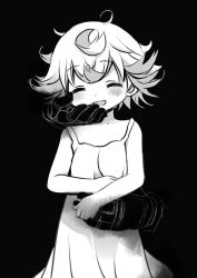 Rule 34 | 1girl, :d, ^ ^, bare arms, bare shoulders, black background, blush, bondrewd, breasts, closed eyes, collarbone, commentary request, dress, facing viewer, gloves, greyscale, head tilt, made in abyss, monochrome, open mouth, prushka, sakurazawa izumi, short hair, simple background, sleeveless, sleeveless dress, small breasts, smile, solo focus