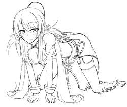 Rule 34 | 00s, 1girl, all fours, blush, breasts, flask (pandora), greyscale, highres, judith (tales), looking at viewer, monochrome, pointy ears, simple background, smile, solo, tales of (series), tales of vesperia, white background