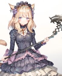 Rule 34 | 1girl, black dress, blonde hair, closed mouth, dress, facial mark, final fantasy, final fantasy xiv, flower, hair flower, hair ornament, headdress, highres, holding, holding staff, long hair, long sleeves, looking at viewer, miqo&#039;te, momoko (momopoco), purple eyes, purple flower, simple background, solo, staff, standing, tail, whisker markings, white background
