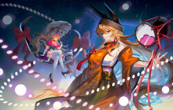 2girls arong black_corset black_footwear black_hat blonde_hair bow breasts choker cleavage closed_mouth collarbone constellation_print corset crossed_legs danmaku detached_sleeves dress drum earclip earrings elbow_gloves fingernails gap_(touhou) gloves green_skirt hair_between_eyes hand_up hat hat_ribbon high_heels highres holding holding_umbrella instrument jewelry large_breasts lips long_hair long_sleeves looking_at_viewer matara_okina medium_breasts mob_cap multiple_girls orange_eyes orange_sleeves orange_tabard pink_eyes pink_lips puffy_short_sleeves puffy_sleeves purple_dress red_bow red_choker red_ribbon ribbon shirt shoes short_sleeves sidelocks sitting skirt smile standing tabard tassel tassel_earrings teeth thighhighs touhou tsuzumi umbrella white_gloves white_hat white_shirt white_thighhighs wide_sleeves yakumo_yukari