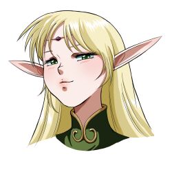Rule 34 | 1girl, blonde hair, circlet, commentary request, deedlit, green eyes, highres, hirapapa, lips, long hair, pointy ears, portrait, record of lodoss war, smile, solo