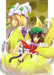 Rule 34 | 2girls, animal ears, blonde hair, brown hair, cat ears, cat girl, cat tail, chen, earrings, female focus, fox tail, hat, highres, jewelry, multiple girls, multiple tails, non-web source, short hair, tail, touhou, yakumo ran, yellow eyes