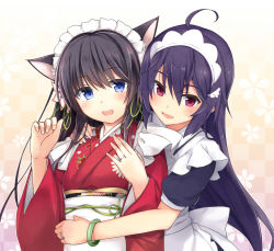 Rule 34 | 2girls, ahoge, animal ears, apron, black hair, blonde hair, blue eyes, blush, bracelet, cat ears, character request, copyright request, detached sleeves, fuji kakei, japanese clothes, jewelry, maid, maid apron, maid headdress, mixed maids, multiple girls, ring, smile, wa maid