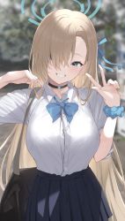 Rule 34 | 1girl, asuna (blue archive), blue archive, blue eyes, blush, bow, bowtie, breasts, hair over one eye, halo, highres, large breasts, light brown hair, long hair, long sleeves, looking at viewer, maosame, scrunchie, skirt, sleeves rolled up, smile, solo, swept bangs, wrist scrunchie