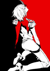 Rule 34 | 1boy, akechi gorou, belt, capelet, from behind, horns, kneeling, long sleeves, looking up, male focus, pants, persona, persona 5, shoes, short hair, shoulder pads, single horn, striped horns, two-tone background, zmore