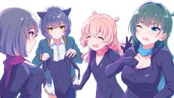 Rule 34 | 4girls, akazaki kokoro, animal ears, black hair, blue hair, bodysuit, breasts, cat ears, cleavage, closed eyes, front zipper, green eyes, green hair, hair bobbles, hair ornament, highres, holding, holding clothes, idoly pride, igawa aoi, jacket, kanzaki rio, komiyama ai, large breasts, long hair, looking at another, looking down, medium breasts, multiple girls, official art, one eye closed, open clothes, open jacket, open mouth, pink hair, purple eyes, scarf, short hair, simple background, small breasts, wavy mouth, yellow eyes