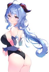 Rule 34 | 1girl, absurdres, ahoge, ass, backless outfit, black leotard, blue hair, breasts, cowboy shot, detached sleeves, from side, ganyu (genshin impact), genshin impact, hair between eyes, highres, horns, large breasts, leotard, liyaku, long hair, looking at viewer, looking to the side, own hands together, purple eyes, white background