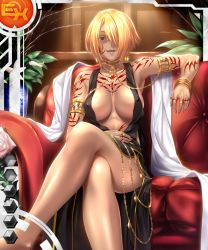 Rule 34 | 00s, 1girl, armlet, bare shoulders, black dress, blonde hair, blue rabbit, bracelet, breasts, card (ex-orange), card (ex-sr), card (medium), center opening, chain, cleavage, couch, covered erect nipples, crossed legs, dark-skinned female, dark skin, dress, female focus, gara ayuri, hair over one eye, jewelry, large breasts, lilith-soft, looking at viewer, open mouth, revealing clothes, ring, short hair, sitting, sleeveless, sleeveless dress, smile, solo, taimanin (series), taimanin asagi, taimanin asagi battle arena all card gallery, taimanin asagi kessen arena, tan, tattoo