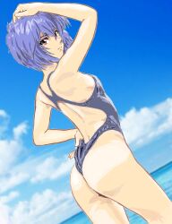Rule 34 | 1girl, adjusting clothes, adjusting swimsuit, arm up, ass, ayanami rei, back cutout, backless swimsuit, bare arms, bare shoulders, blue hair, blue one-piece swimsuit, blue sky, breasts, clothing cutout, cloud, cowboy shot, day, dutch angle, flat ass, hair between eyes, hand on own hip, highres, light blue hair, mizumori keiichi, neon genesis evangelion, ocean, one-piece swimsuit, outdoors, red eyes, short hair, sky, small breasts, solo, swimsuit, water, wedgie