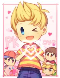 Rule 34 | 4boys, black hair, blonde hair, blue eyes, blush, creature, animal crossing, english text, hat, heart, kirby, kirby (series), link, looking at viewer, lucas (mother 3), male focus, mother (game), mother 2, mother 3, multiple boys, ness (mother 2), nintendo, one eye closed, oomoto makiko, pointy ears, voice actor connection, smile, super smash bros., the legend of zelda, the legend of zelda: the wind waker, toon link, villager (animal crossing), wusagi2