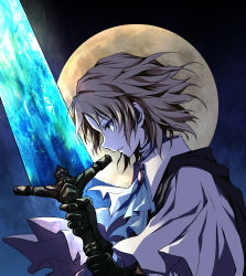 Rule 34 | 1boy, absurdres, bloodborne, blue eyes, brown cape, brown gloves, cape, capelet, character request, commentary request, ascot, from side, full moon, gloves, greatsword, hands up, highres, holding, holding sword, holding weapon, male focus, messy hair, moon, moonlight greatsword, shimoda masaya, short hair, solo, sword, upper body, weapon, white capelet
