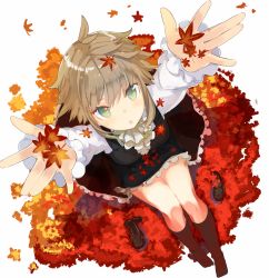 Rule 34 | 1girl, :o, arms up, ascot, autumn, autumn leaves, frilled skirt, frills, from above, green eyes, highres, kneehighs, leaf, looking at viewer, looking up, maple leaf, mary janes, mazonano, nekomegane, open mouth, original, outstretched arms, perspective, playing, shoes, unworn shoes, short hair, silver hair, sitting, skirt, skirt set, socks, solo