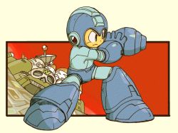 Rule 34 | 1boy, aiming, android, arm cannon, black border, blue eyes, border, building, capcom, castle, closed mouth, coramune, full body, helmet, male focus, mega man (character), mega man (classic), mega man (series), simple background, solo, standing, weapon, yellow background