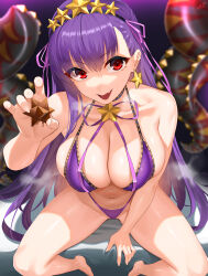 Rule 34 | 1girl, bare shoulders, barefoot, bb (fate), bb (fate) (all), bb (swimsuit mooncancer) (fate), bb (swimsuit mooncancer) (second ascension) (fate), bikini, blush, breasts, chocolate, cleavage, collarbone, earrings, fate/grand order, fate (series), hair ornament, hair ribbon, hairband, highres, jewelry, kisaragi tsurugi, large breasts, long hair, looking at viewer, navel, neck ribbon, open mouth, purple bikini, purple hair, red eyes, ribbon, saint quartz (fate), sitting, smile, solo, star (symbol), star earrings, star hair ornament, swimsuit, tentacles, very long hair