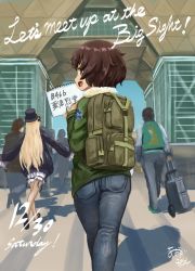 Rule 34 | 10s, 1girl, abazu-red, akiyama yukari, backpack, bag, casual, commentary request, crowd, cursive, dated, day, denim, emblem, english text, from behind, girls und panzer, green jacket, highres, holding, jacket, jeans, long sleeves, looking at viewer, looking back, military, notebook, ooarai (emblem), open mouth, outdoors, pants, shadow, short hair, smile, standing, tokyo big sight, walking