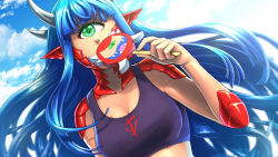 Rule 34 | 1girl, blue hair, blue sky, breasts, cacodemon, cleavage, cloud, commentary, crop top, cyclops, demon girl, doom (series), english commentary, food, green eyes, green nails, highres, horns, ice cream, large breasts, long hair, looking at viewer, monster girl, nail polish, one-eyed, personification, pointy ears, popsicle, scales, sky, solo, substance20, teeth, upper teeth only